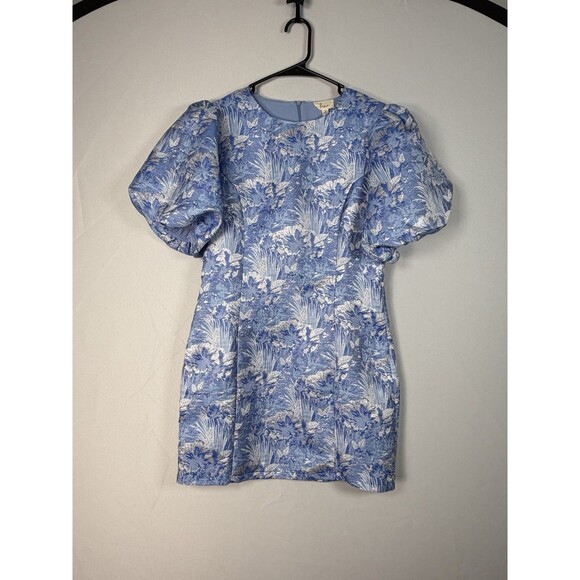 Lena Dresses & Skirts - Lena Women’s M Blue Silver Floral Brocade Jacquard Puff Sleeve Mini Dress